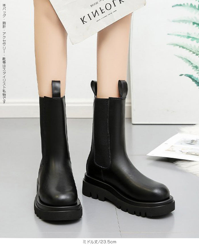 PUレザーサイドゴア厚底ブーツ（ショート／ミドル丈）