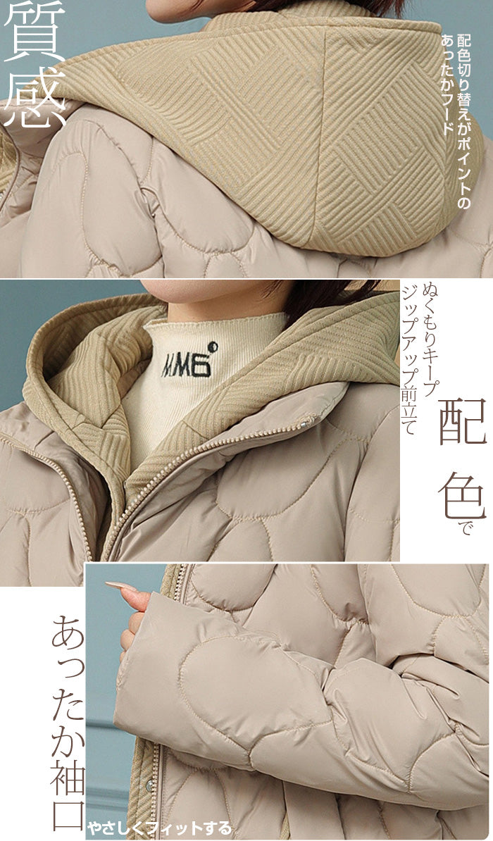 配色切替キルティング中綿フードジャケット