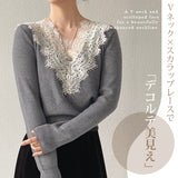 Vネックレースニット