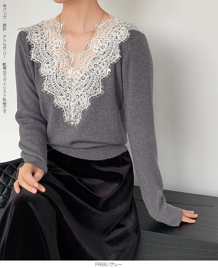 Vネックレースニット