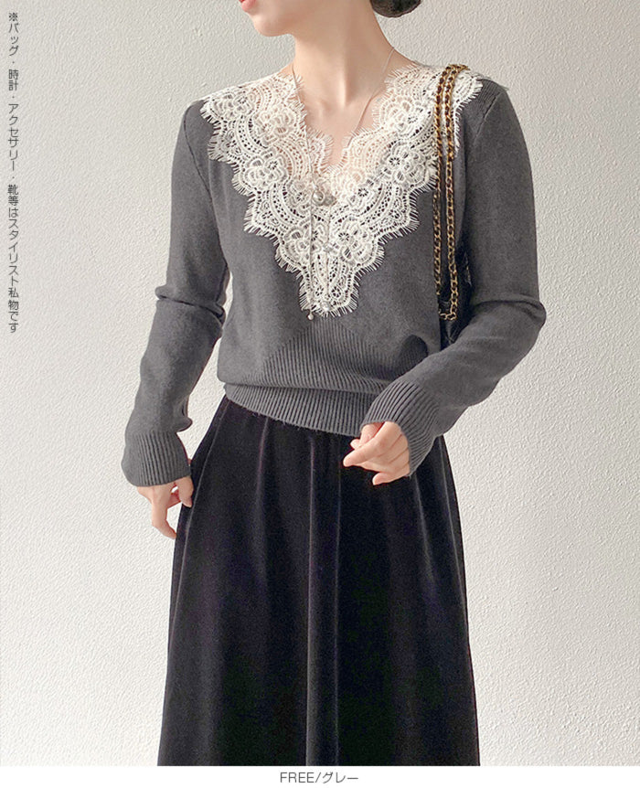 Vネックレースニット