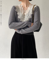 Vネックレースニット