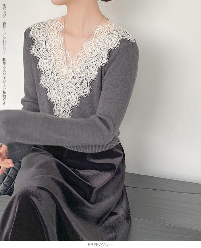 Vネックレースニット