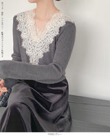 Vネックレースニット