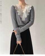 Vネックレースニット