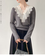 Vネックレースニット