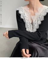 Vネックレースニット