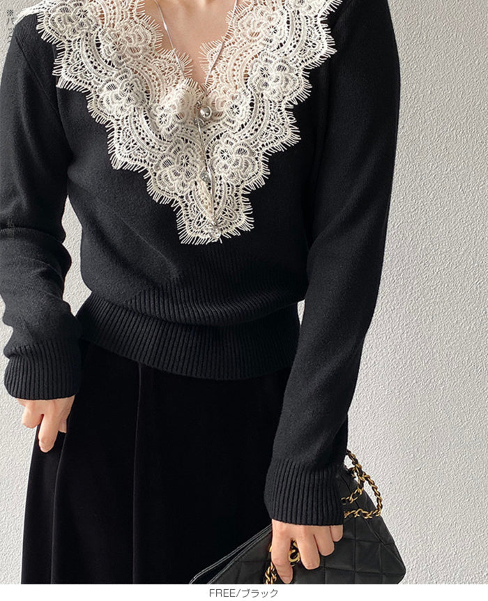Vネックレースニット