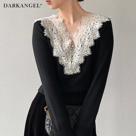 Vネックレースニット