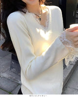 襟＆袖レースVネックニット