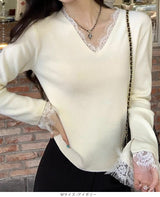 襟＆袖レースVネックニット