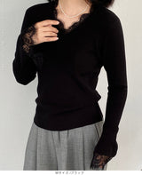 襟＆袖レースVネックニット