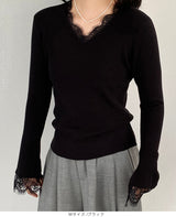 襟＆袖レースVネックニット