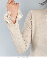 襟＆袖レースVネックニット
