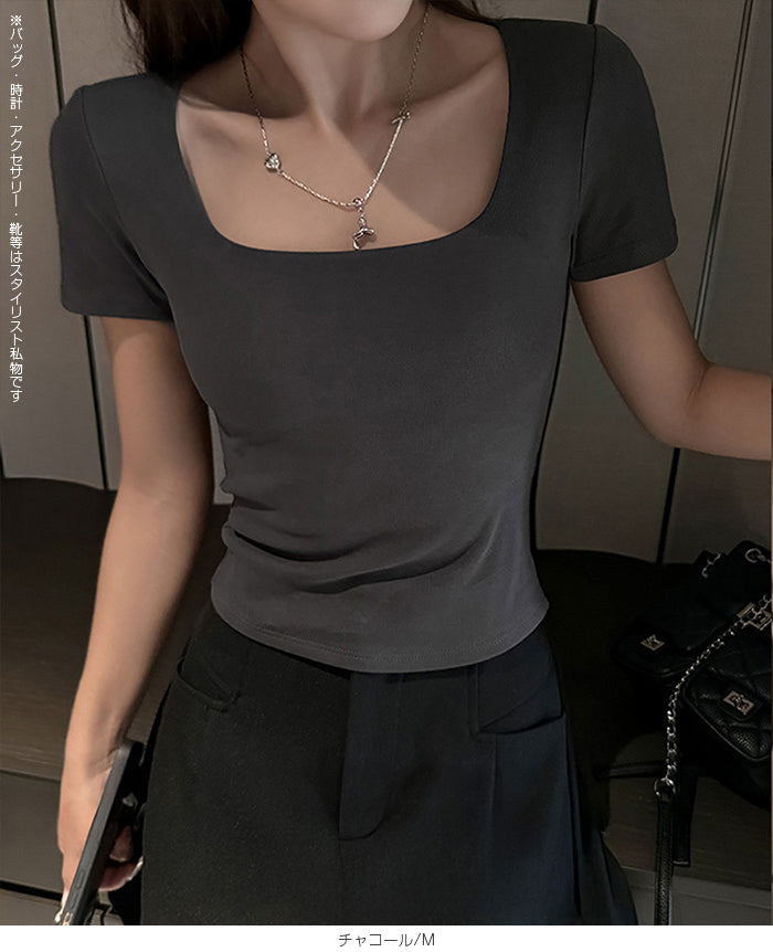 コットンスクエアネックストレッチTシャツ