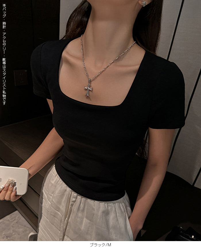 コットンスクエアネックストレッチTシャツ
