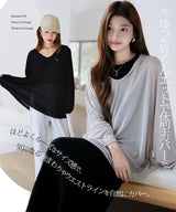 シアーフードVネックロングトップス