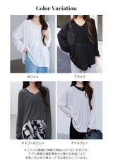 シアーフードVネックロングトップス