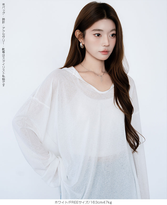 シアーフードVネックロングトップス