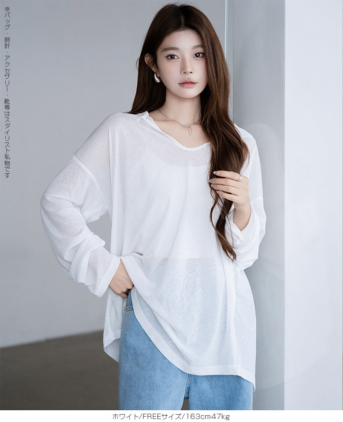 シアーフードVネックロングトップス