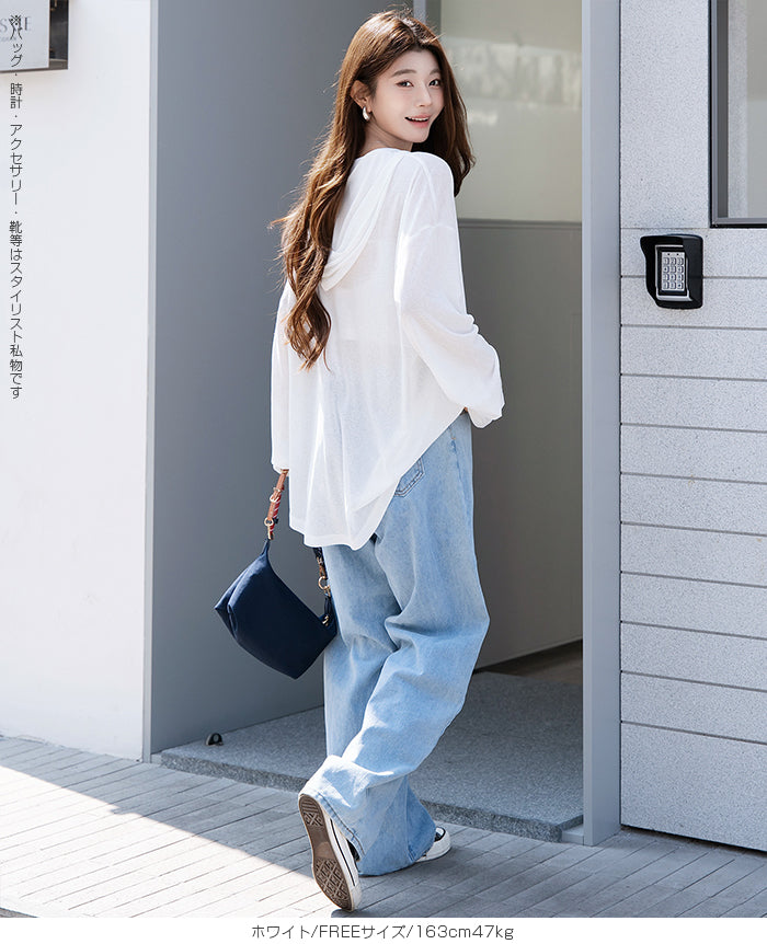 シアーフードVネックロングトップス