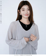 シアーフードVネックロングトップス