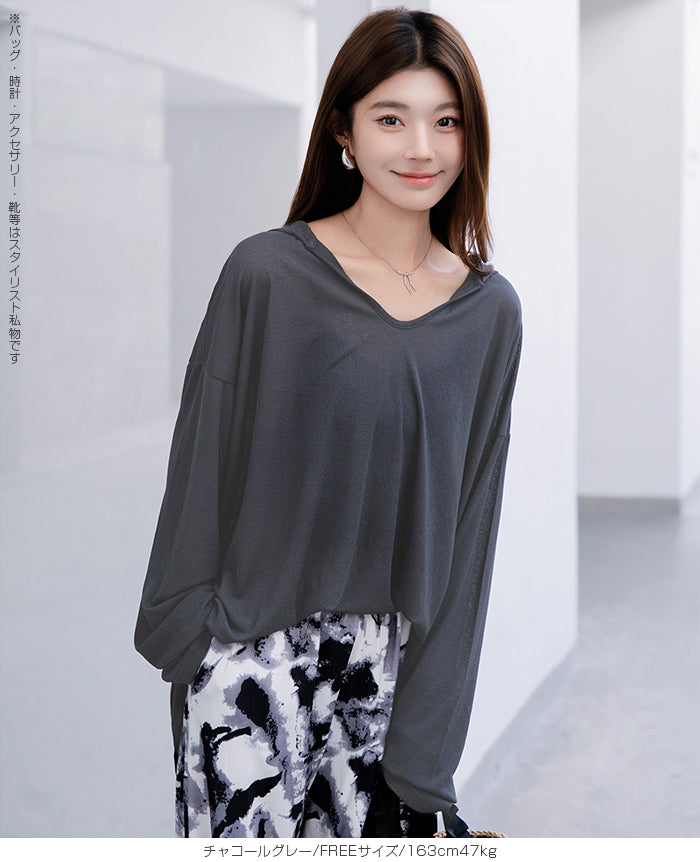 シアーフードVネックロングトップス
