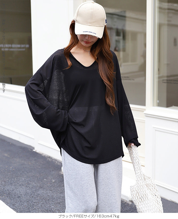 シアーフードVネックロングトップス