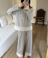 ムースカシミヤ風・カップ付き レースルームウェア上下セット