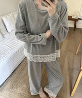 ムースカシミヤ風・カップ付き レースルームウェア上下セット