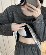 ムースカシミヤ風・カップ付き レースルームウェア上下セット