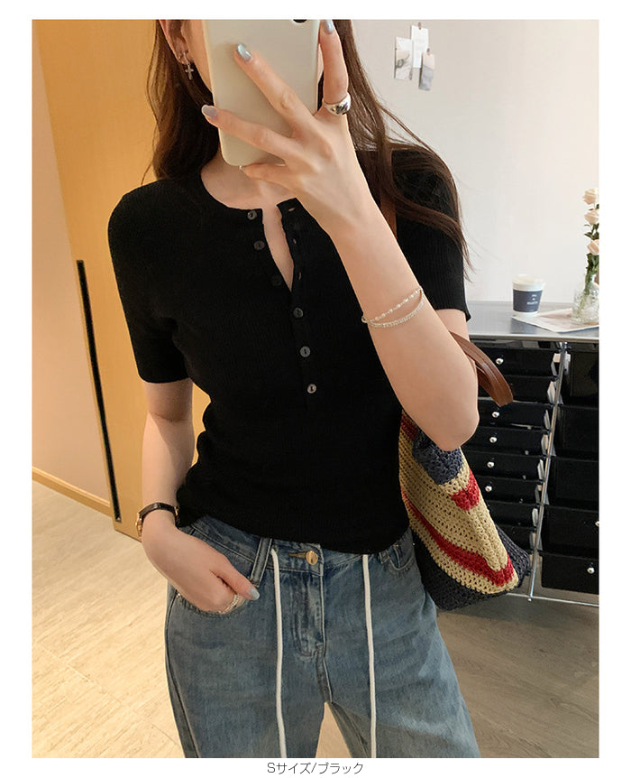 ヘンリーネックリブカットソー