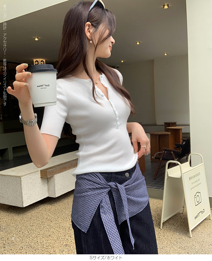 ヘンリーネックリブカットソー