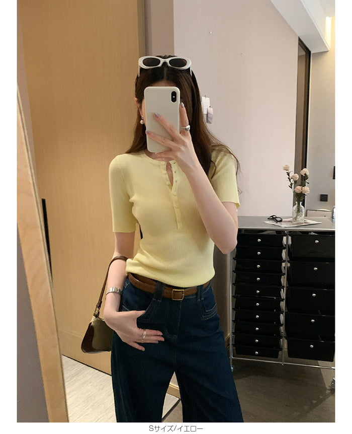 ヘンリーネックリブカットソー