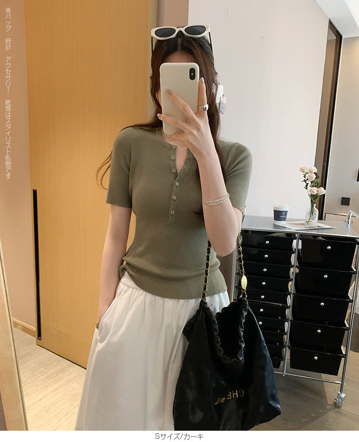 ヘンリーネックリブカットソー