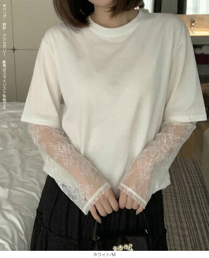レース袖ドッキングtシャツ