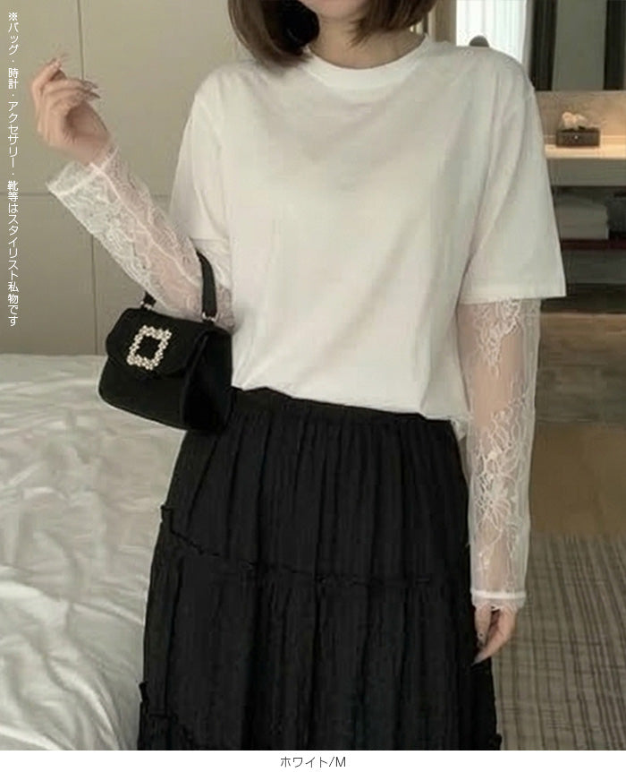 レース袖ドッキングtシャツ