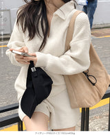 襟付きニットショートパンツセットアップ