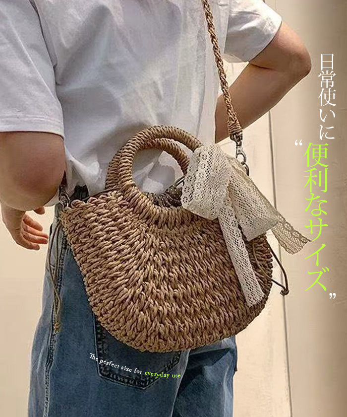 ラウンド編み込みかごバッグ