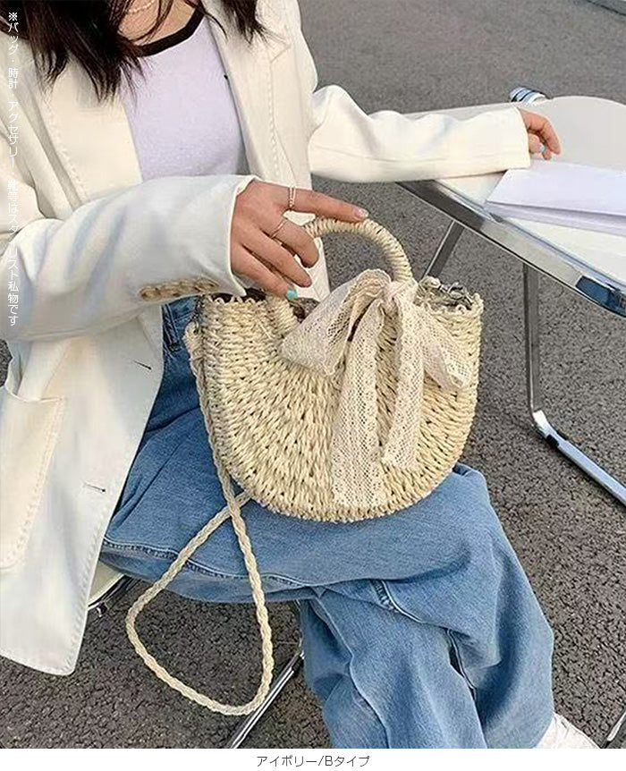 ラウンド編み込みかごバッグ
