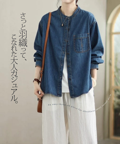 ウォッシュ加工ノーカラーデニムシャツ