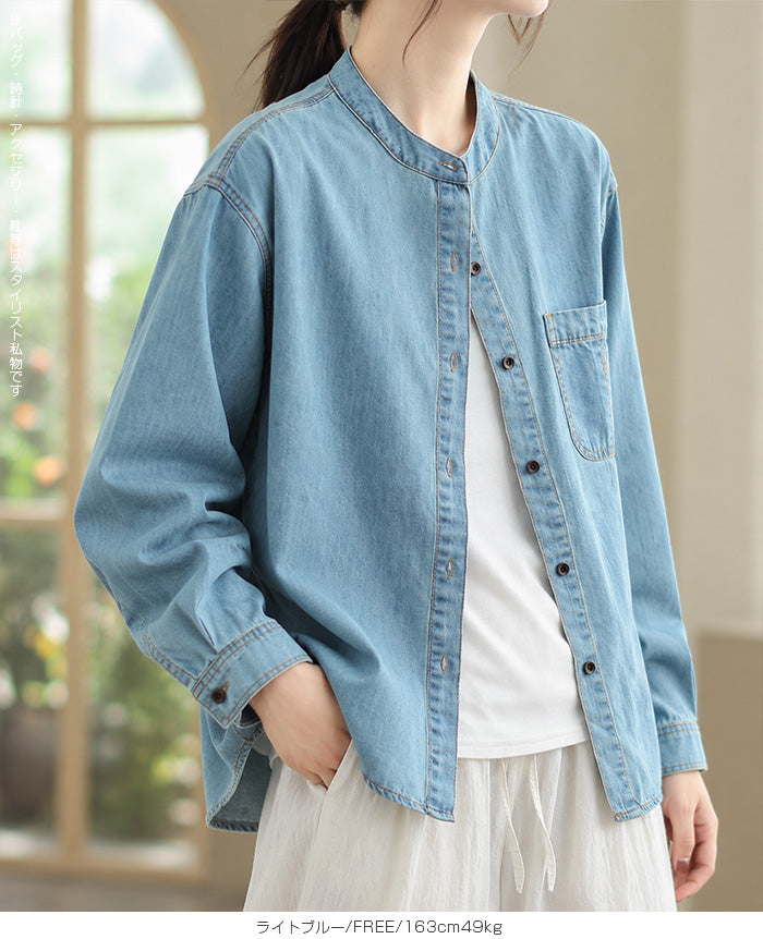 ウォッシュ加工ノーカラーデニムシャツ
