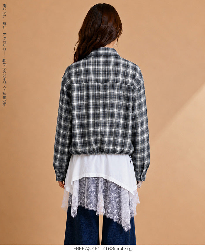 裾ドロストクロップドチェックシャツ