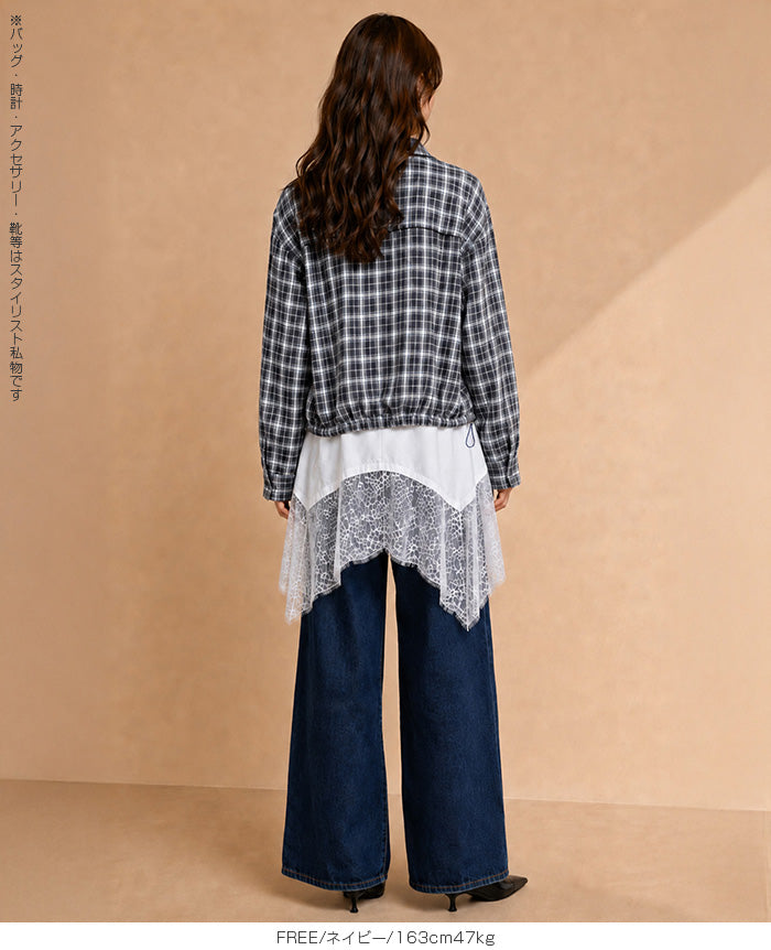 裾ドロストクロップドチェックシャツ