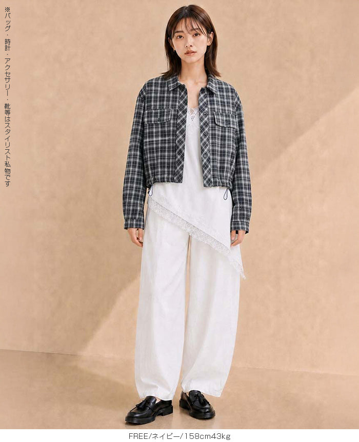 裾ドロストクロップドチェックシャツ