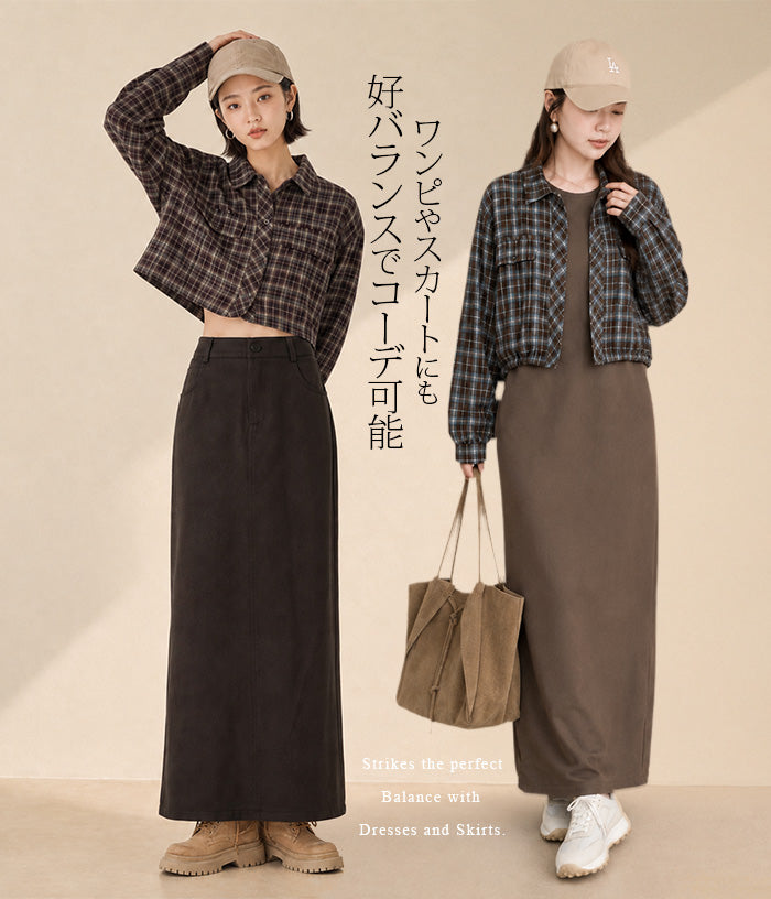 裾ドロストクロップドチェックシャツ