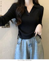 サイドドロスト襟付きリブニット