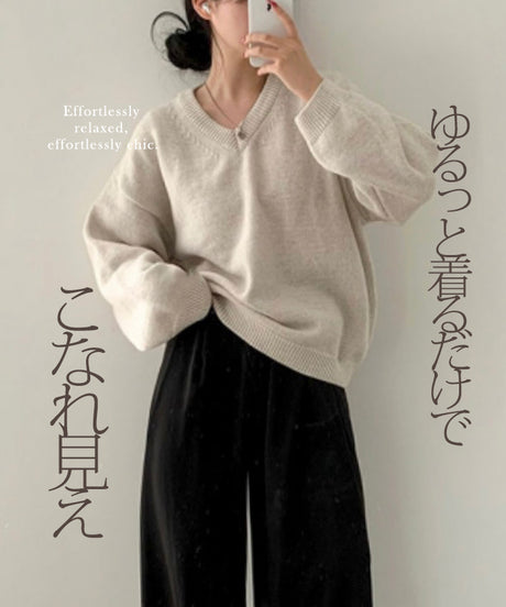ドロップショルダーvネックニットトップス
