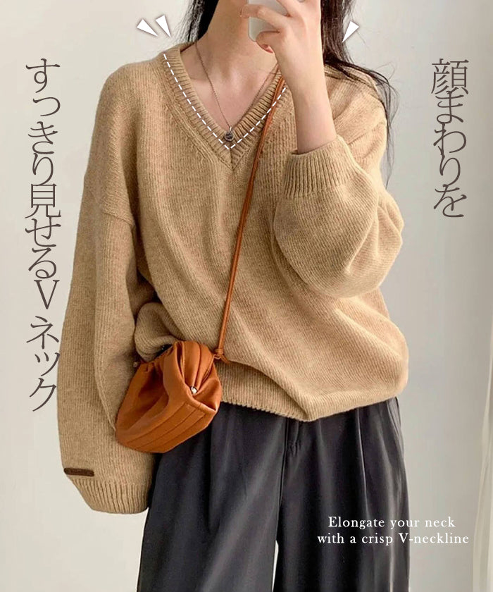 ドロップショルダーvネックニットトップス