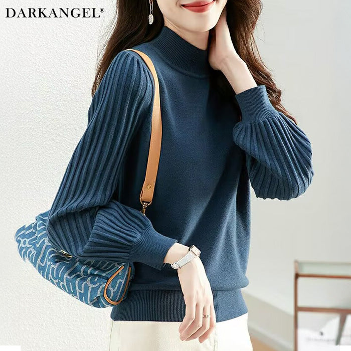 プリーツスリーブ ニット レディース 秋冬 長袖 トップス ハイネック